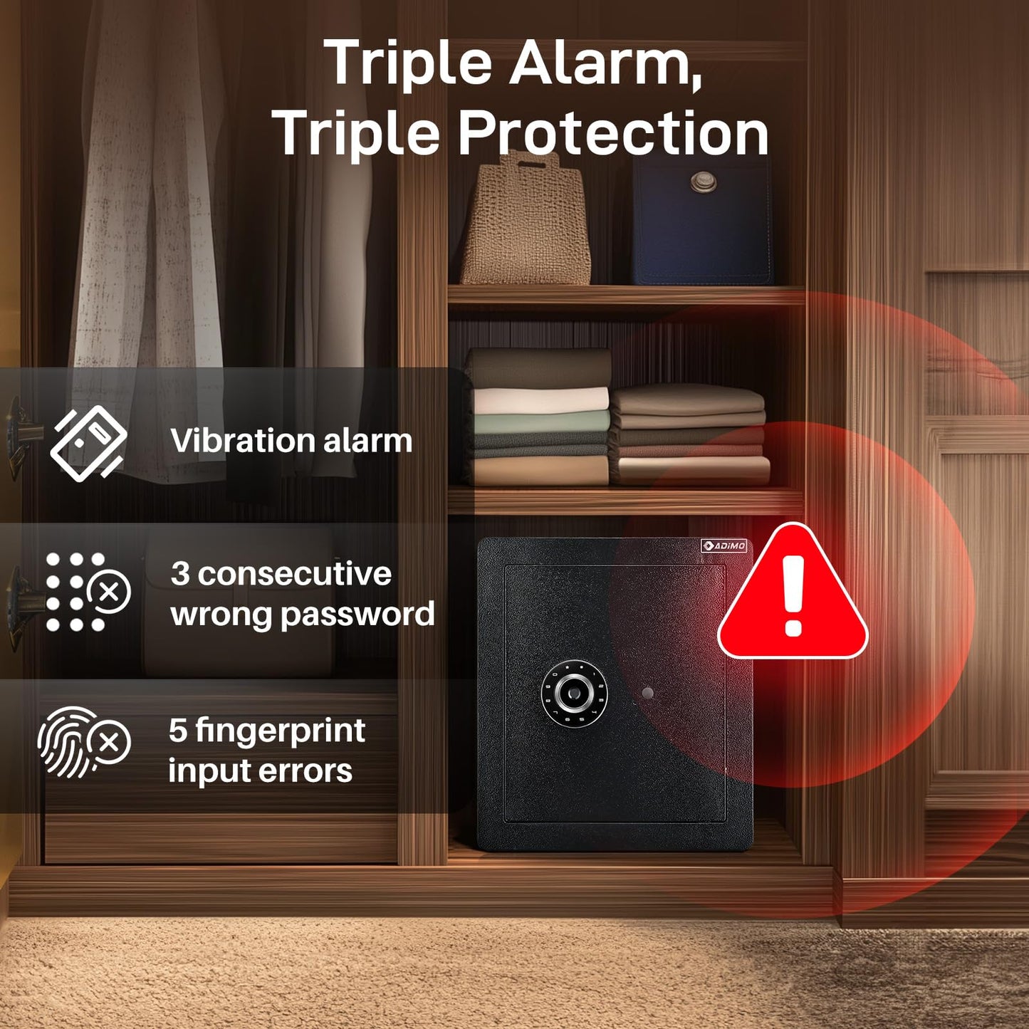 ADIMO Biometric Safe Box, Fireproof 1.6 CuFt Fingerprint Safe w/Touchscreen, Removable Shelf & Alarm System, Money Box for Secure Document & Valuables, for Home Office Hotel