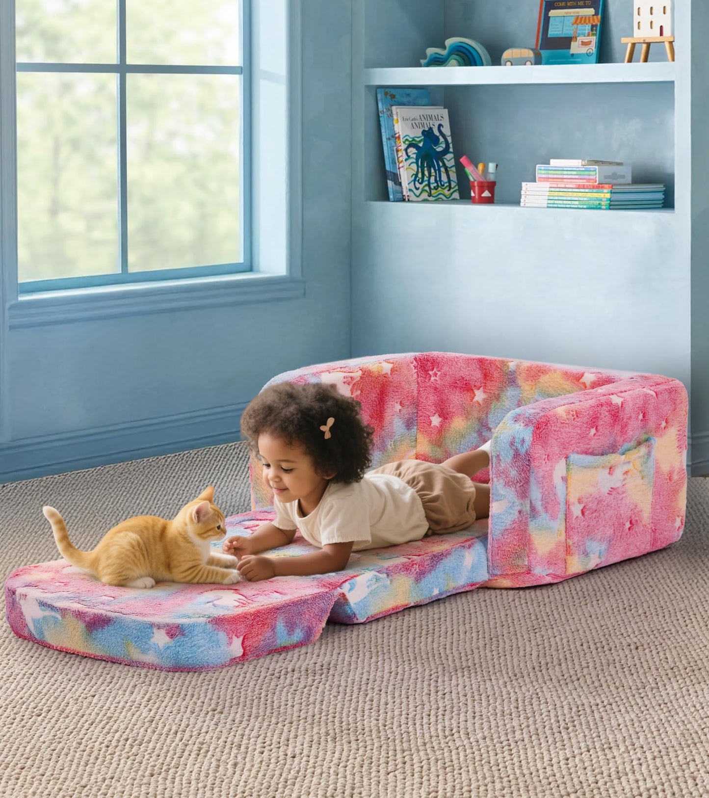 Kids Couch, 2-in-1 Soft Toddler Couch Fold Out with with Blanket and Cloud Pillow, Glow in The Dark, Toddler Chair Comfy, Convertible Sofa to Lounger, Gifts for Kids Girl Boys, Medium Pink Unicorn