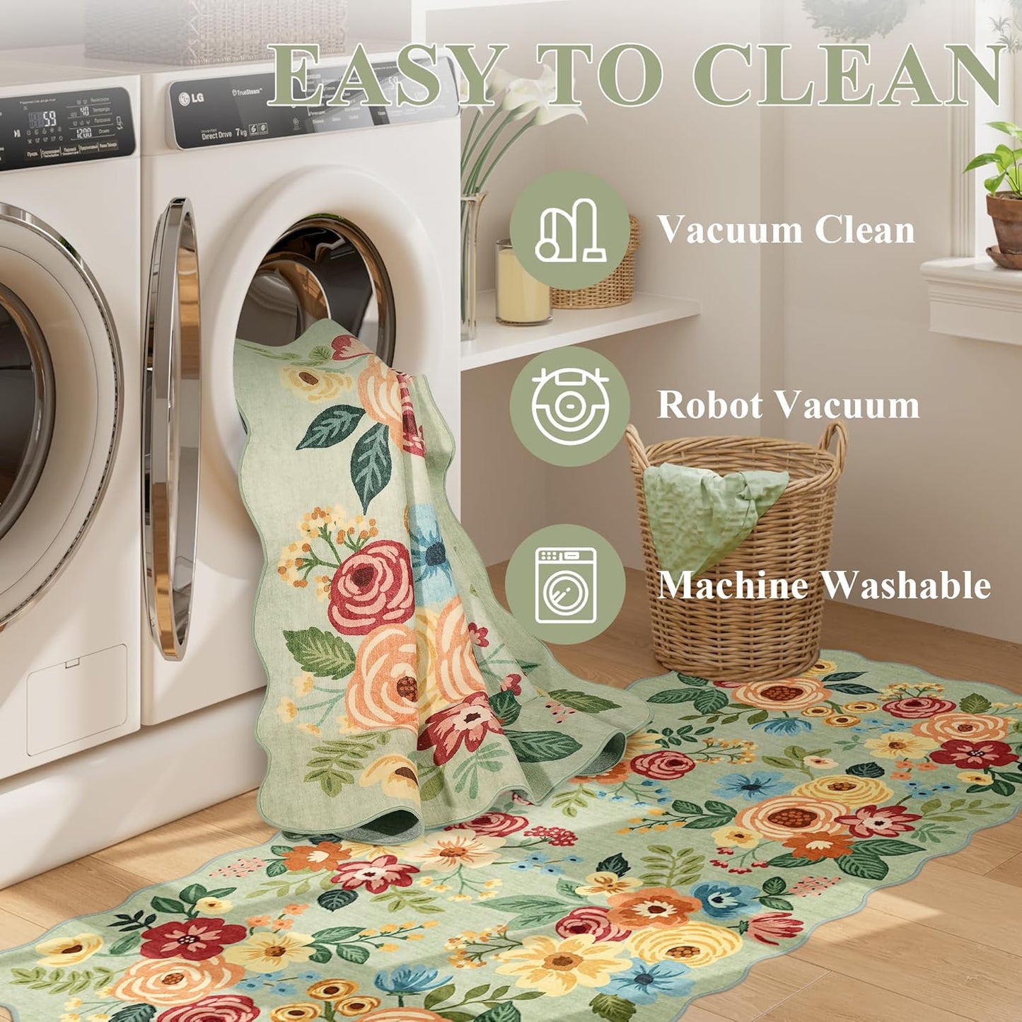 DUKINO 2x10 Runner Rug for Hallway, Washable Kitchen Rug with Non Slip Backing & Non-Shediing, Soft Low Pile Floral Design Runner for Bedroom, Kithchen, Living Room, Laundry, Bathroom, Green