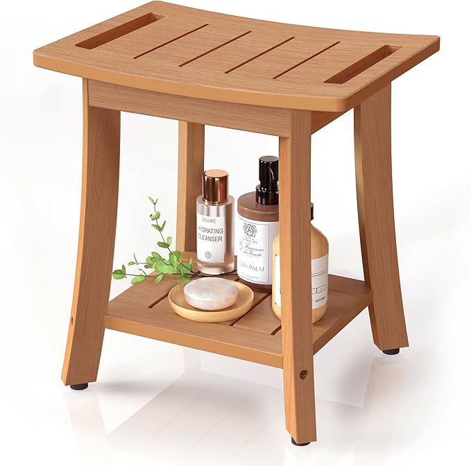 Waterproof Shower Benches for Inside Shower, Poly Lumber Shower Stool with Storage Shelf & Adjustable Feet, SPA Bathroom Seat Chair for Shaving Legs, Indoor or Outdoor Use, Teak Brown