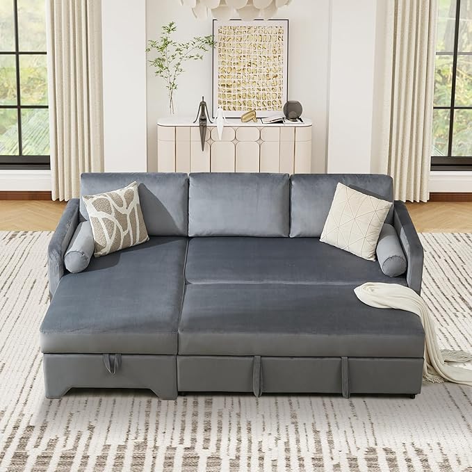 Tbfit 90.6'' 3 in 1 Sleeper Sofa Couch with Storage Chaise, Velvet Sofa Bed with Pull Out Bed, Convertible Sleeper Sofas for Living Room, Small Spaces, Grey