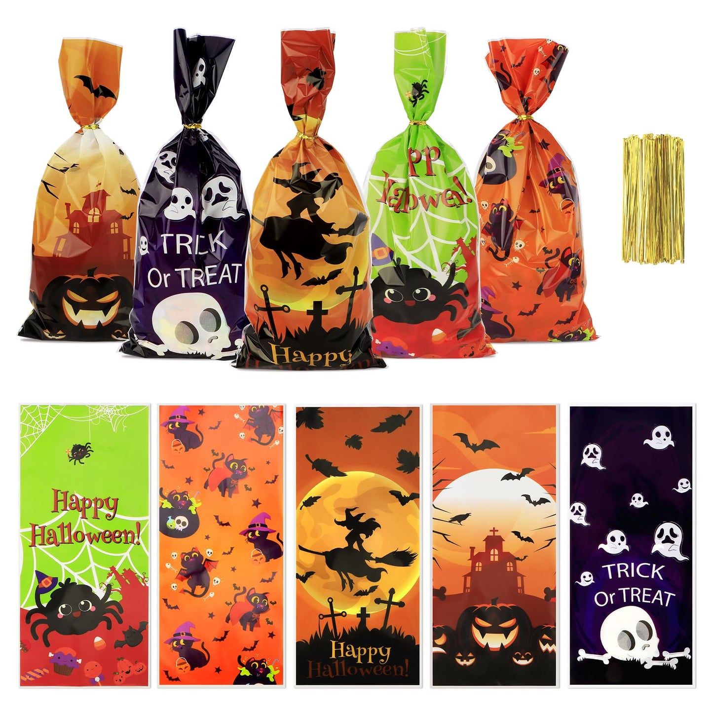 Halloween Treat Bags, Halloween Cellophane Treat Bags, 50 PCS Halloweens Candy Bag, Plastic Cello Cookie Goodies Gift Bag with 50pcs Ties for Halloweens Trick or Treat Party Favors Supplies, 4 Style