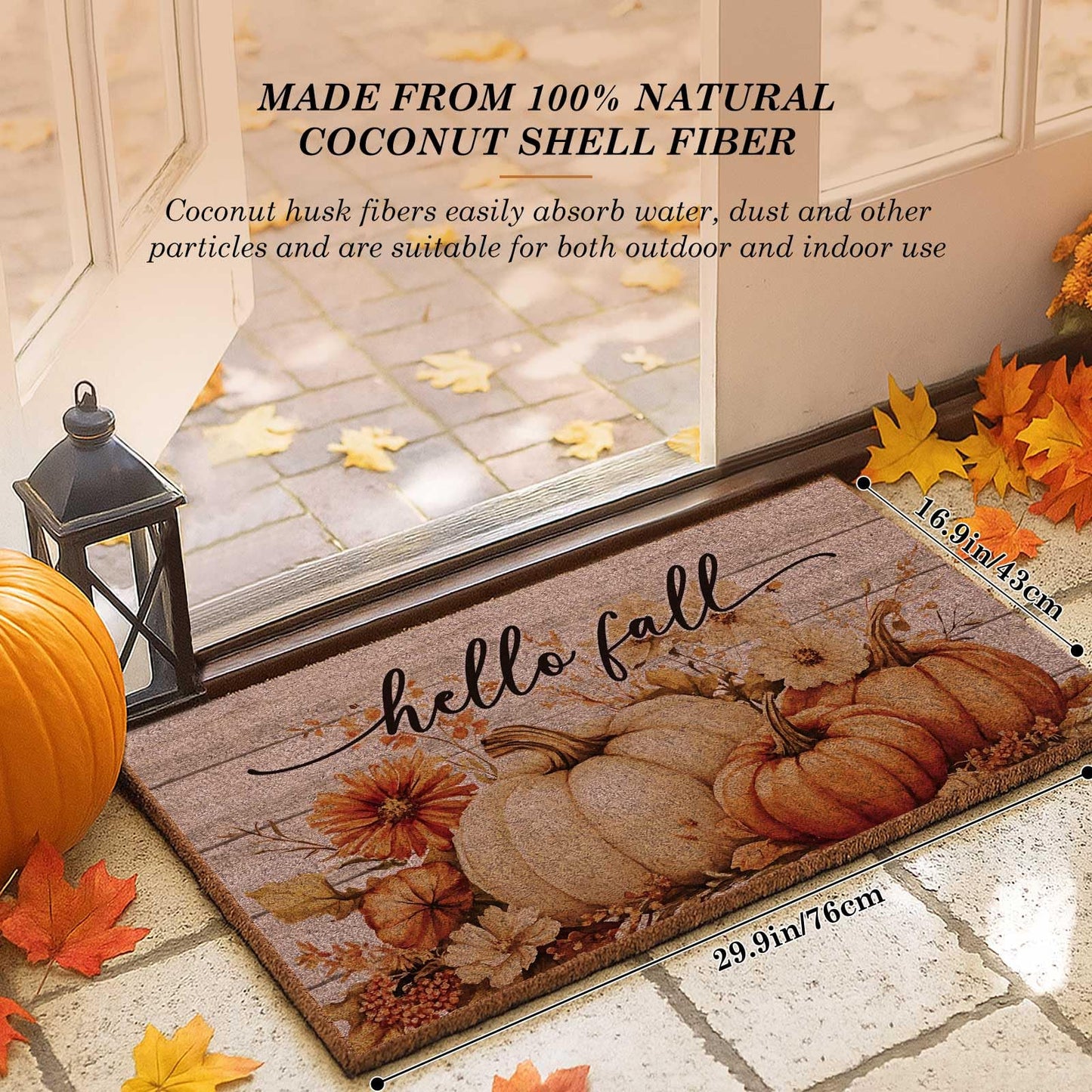 Lanpn Fall Welcome Natural Coir Door Mat, Hello Fall Harvest Pumpkin Coco Front Door Outdoor Doormat Outside Entrance Porch Non Slip Rubber Rug Autumn Halloween Thanksgiving Farmhouse Decor 30x17 inch