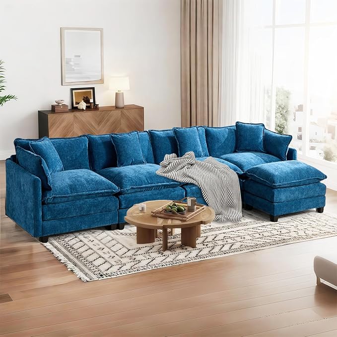 SoarFlash 149.61" Chenille Sectional Sofa, Comfy L Shaped Modular Coush Sofa with Ottoman, Modern 4 Seat Couch Deep Seat Sofa Set for Living Room,Blue
