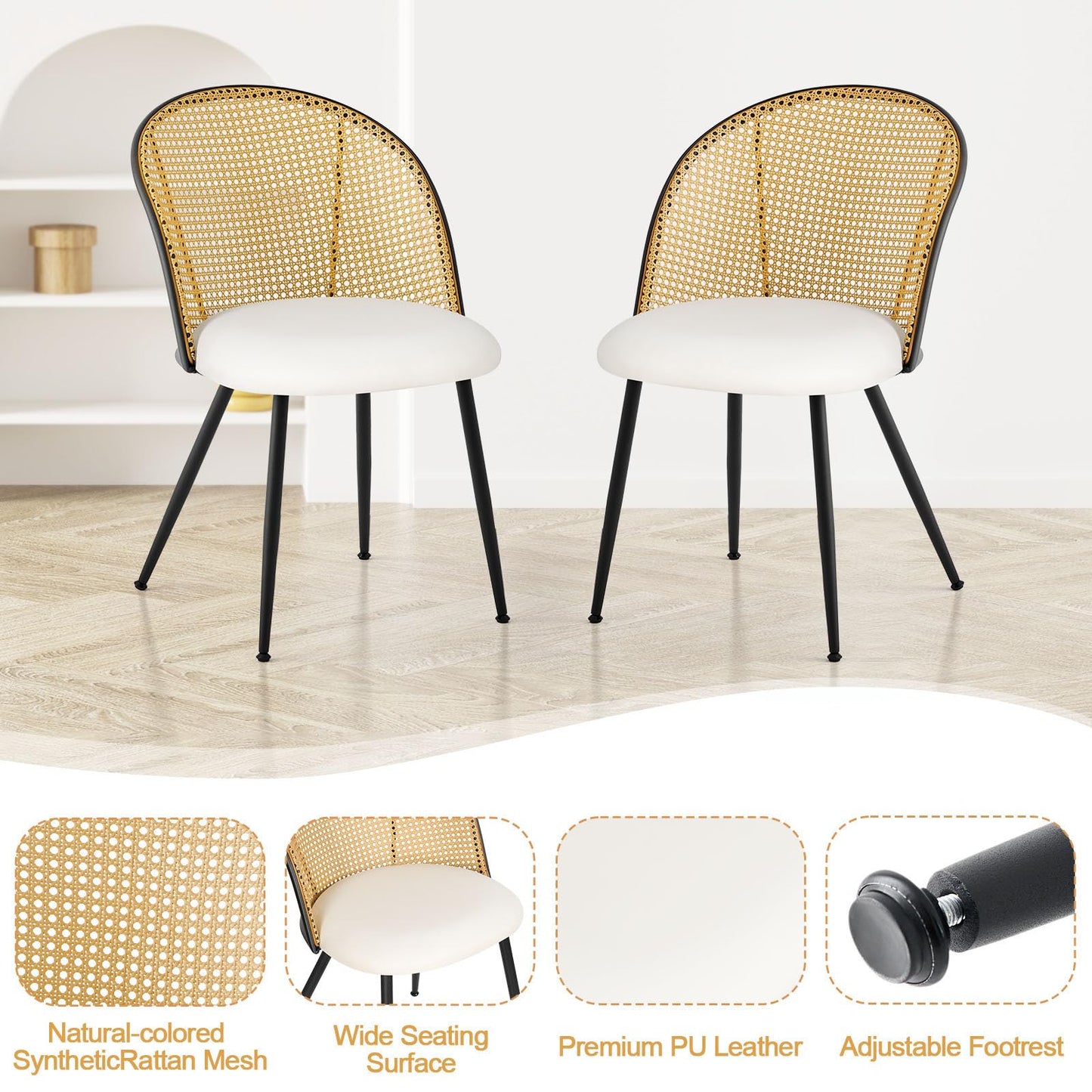 Bekrvio Dining Chairs Set of 4, Mid Century Modern Dining Room Chairs with Full Rattan Back, Faux Leather Kitchen Dining Chairs Farmhouse Armless Mesh Cane Back Side Chairs with Metal Legs, White