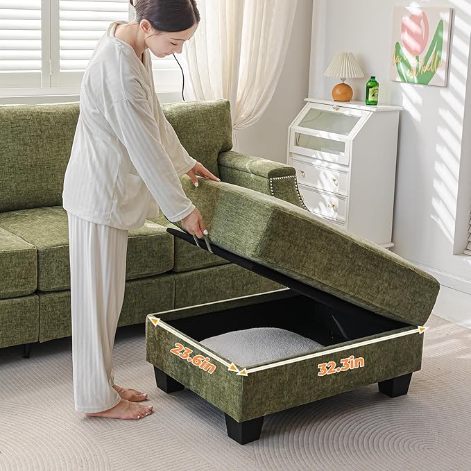 Rukefo 85" Sectional Sofa Couch with Storage Ottoman,L Shaped Couch with Armrest Organizer,3-Seater Sofa,Sofa and Chair Set,Couches for Living Room,Bedroom,Apartment,Chenille,Green