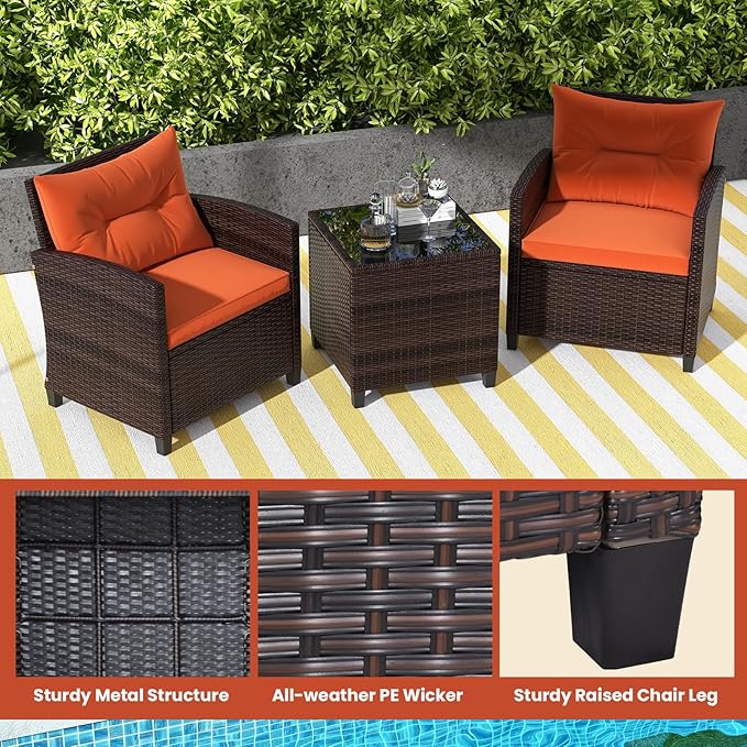 ORALNER 3 Pieces Patio Furniture Set, Outdoor Wicker Conversation Set Rattan Chairs with Cushions, Glass Coffee Table, Bistro Set for Front Porch Balcony Garden Deck Poolside (Orange)