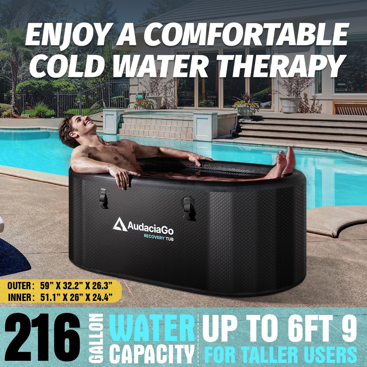 XXL Ice Bath Tub for Athletes, Compatible with Water Chillers, 216-Gallon Inflatable Cold Plunge Tub with Insulated Lid, Thermometer, Water-Absorbent Mat, Portable for Outdoor & Indoor Recovery