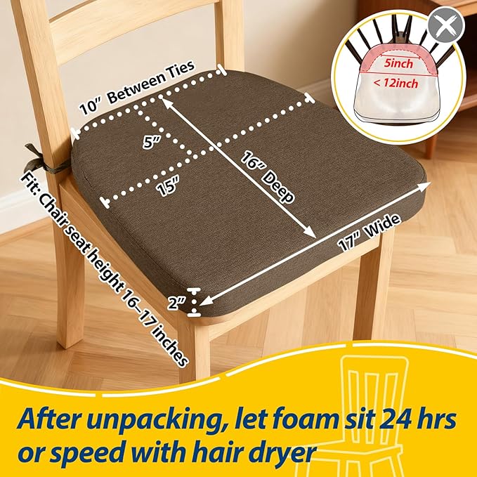 AAAAAcessories D-Shaped Chair Cushions, 2" Thick Dining Chair Pads with Ties and Removable, Machine-Washable Cover, 17" x 16", Set of 8, Taupe