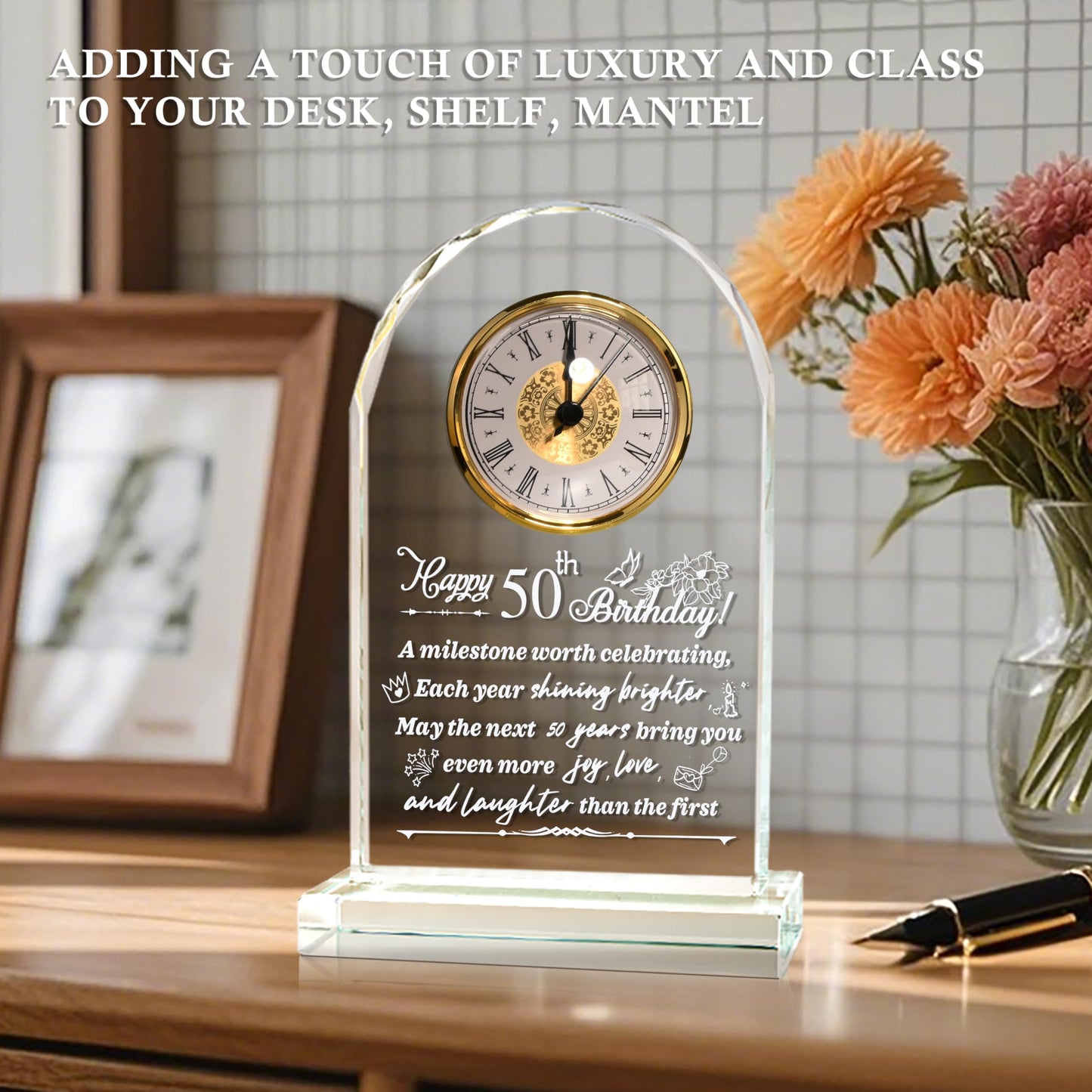 QIANCHANG 50th Birthday Gift for Men and Women, Crystal Roman Numerals Decorated Quartz Clock, for 50 Year Old Women, 50th Birthday Gift for Men