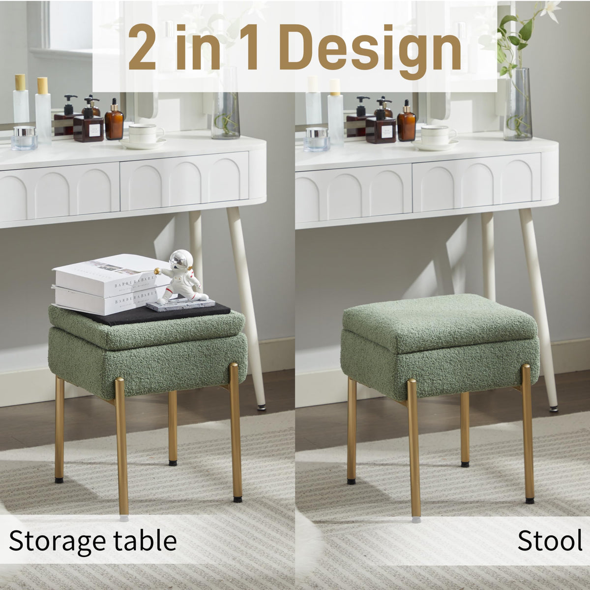 Vanity Stool Chair, Small Ottoman Stool with Storage, Makeup Vanity Chair with Anti-Slip Feet, Footstool Ottoman with Metal Legs, Storage Chairs for Makeup Room, Bedroom, Living Room (Green)