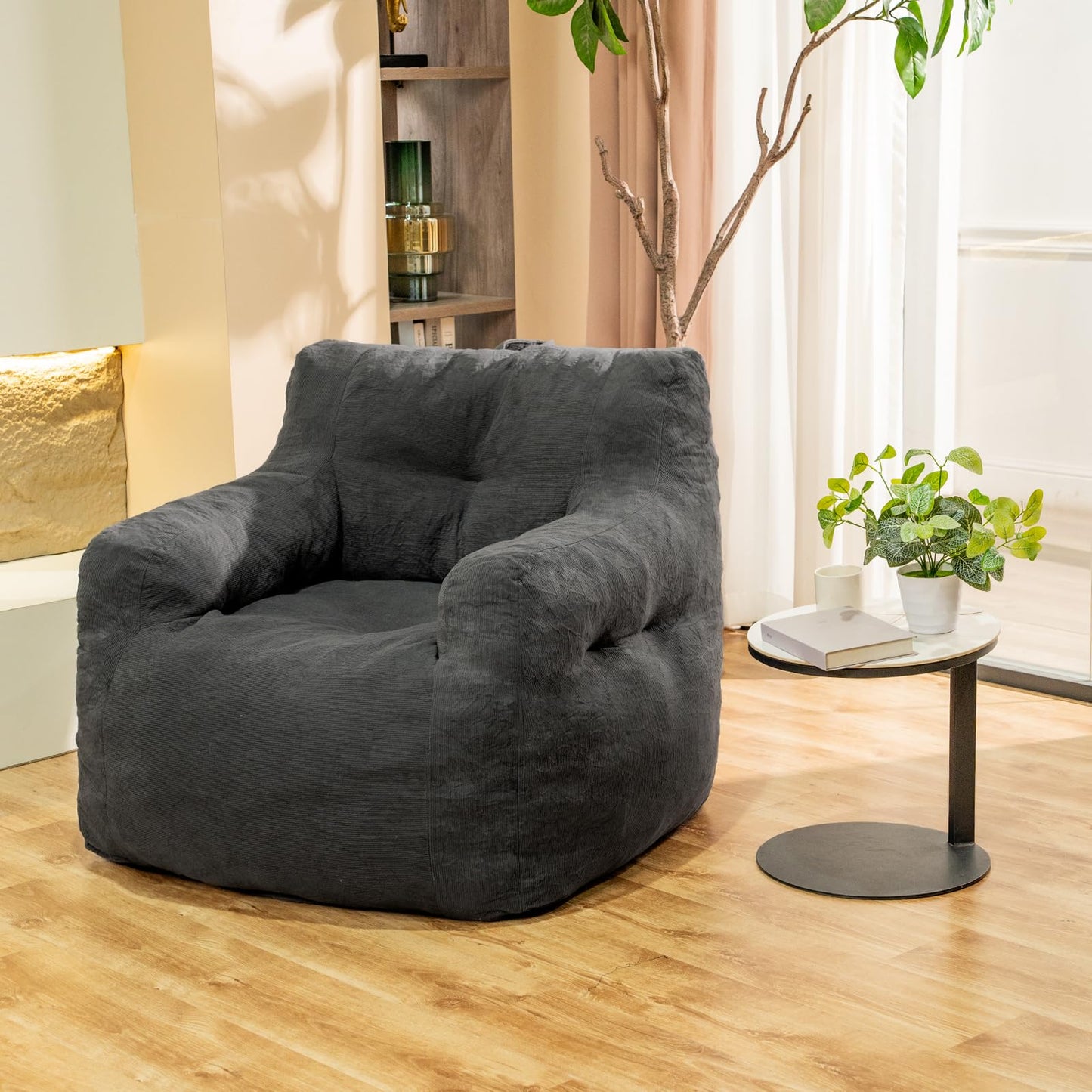 Stmoze Bean Bag Chairs for Adults Ergonomic Support Reading Floor Sofa Chair with Filler Spacious (Grey) (Standard)