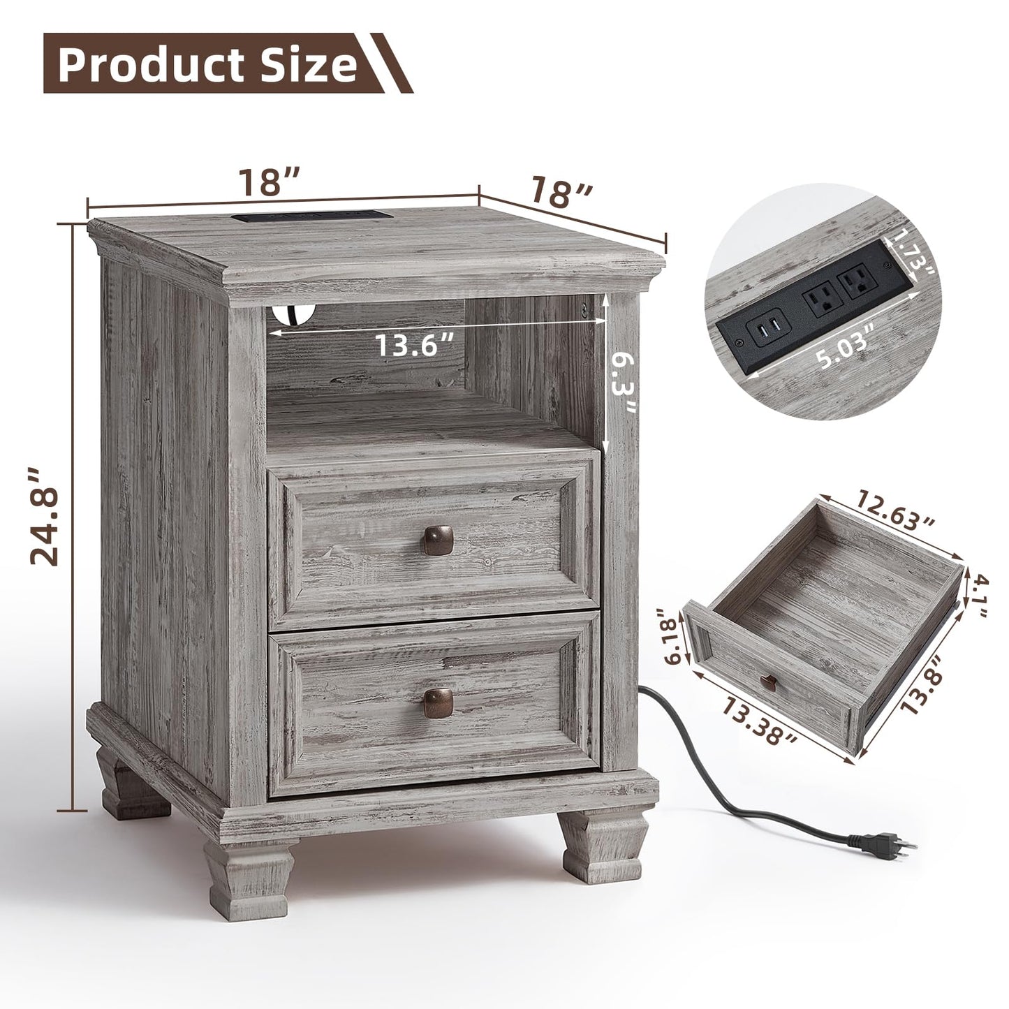 SAVOR LIFE Farmhouse Nightstand Set of 2 with Charging Station, Rustic Grey Nightstand,2 Drawers End Table for Living Room,Bedside Table with Open Shelf for Bed Room,Grey