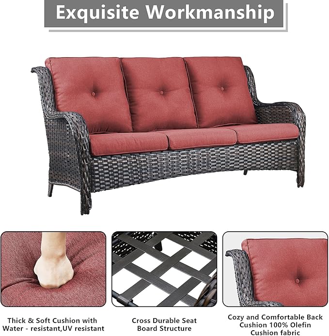 Rilyson Wicker Patio Furniture Chairs Set - 8 Piece Rattan Outdoor Patio Sectional Conversation Sets with 1 Sofa,4 Armrest Chairs,1 Coffee Table and 2 Ottomans for Porch Deck Garden(Brown/Red)