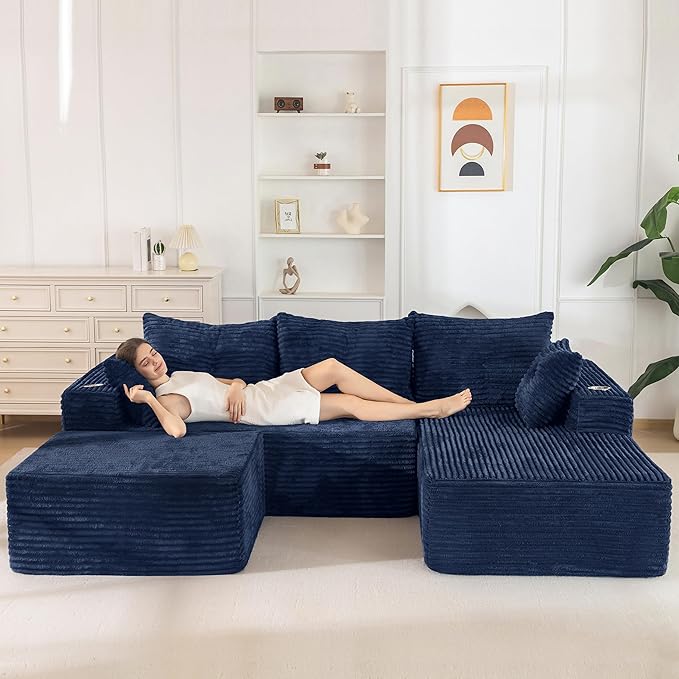MAXYOYO 104" U-Shaped Modular Sectional Couch, Modern Boneless Couch for Living Room, Sofa in A Box, Oversized Sofa Sleeper with Deep Seat, No Assembly Required, Navy