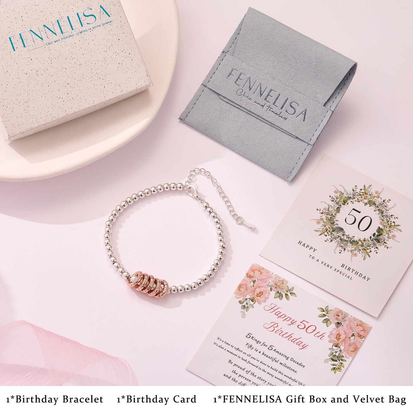 FENNELISA 50th Birthday Gifts for Her,Adjustable Silver Bracelet for Women Unique 50th Birthday Gifts for Women Cool Best Birthday Presents Ideas with Cards for Female Mom Sister Friend