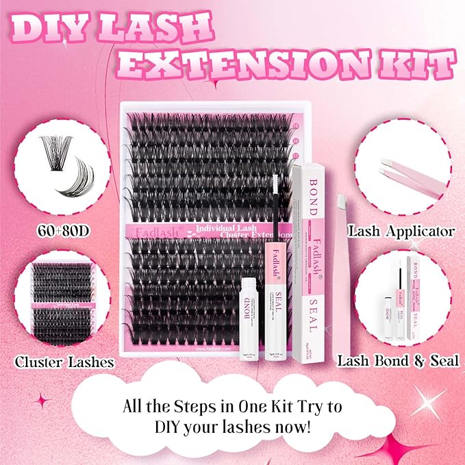 FADLASH Lash Extension Kit 60D+80D Lash Clusters D Curl Lash Cluster Kit DIY Eyelash Extension Kit with Lash Bond and Seal Lash Applicator Tool fluffy Cluster Lashes(60+80D Kit, Mix 15-20mm)