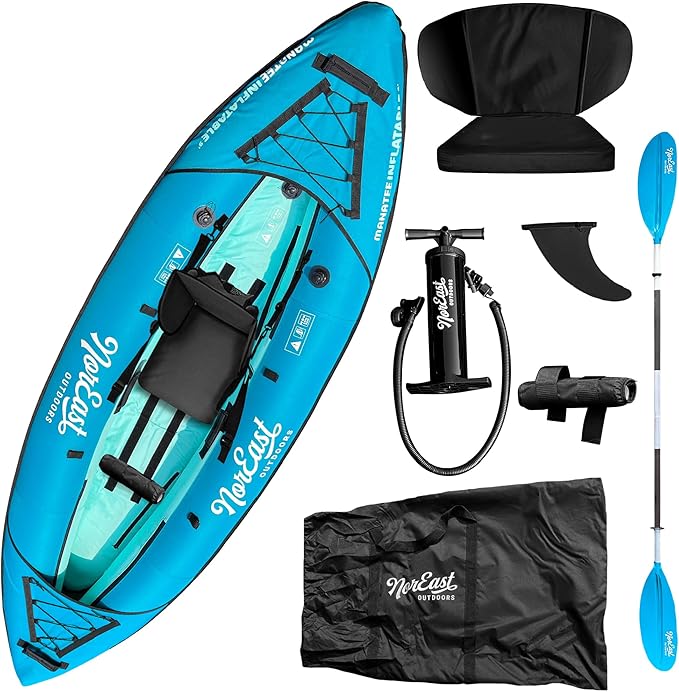 NorEast Outdoors Inflatable Kayak Package 9' (Explorer) - Adjustable Inflatable Seat with Backrest, Adjustable Paddle, Car...