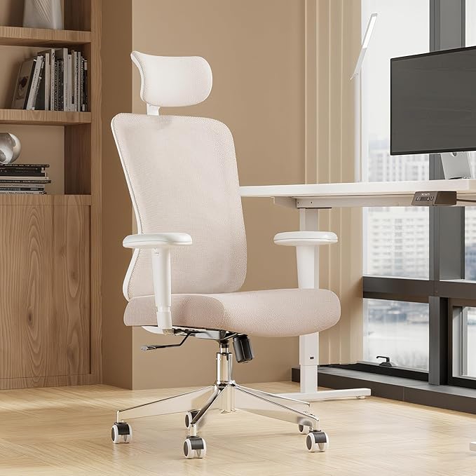 ZYFFHYLAI Ergonomic Office Chair, Mesh Desk Chair with Adjustable Headrest and 2D Armrest，Computer Chairs with Lumbar Support, Big and Tall Office Chair 400lbs, Large (01khaki)