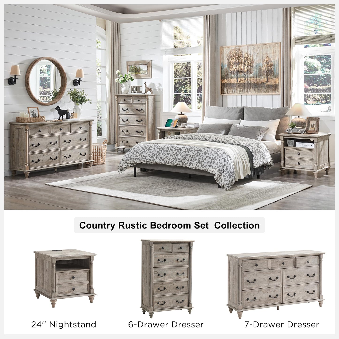 T4TREAM Farmhouse 7 Drawers Dresser Chests for Bedroom w/ 4 Solid Wood Feet & Column Decor, Tall Wide Wood Country Rustic Chest of Drawers, Storage Dressers for Bedroom, Living Room, Light Rustic Oak