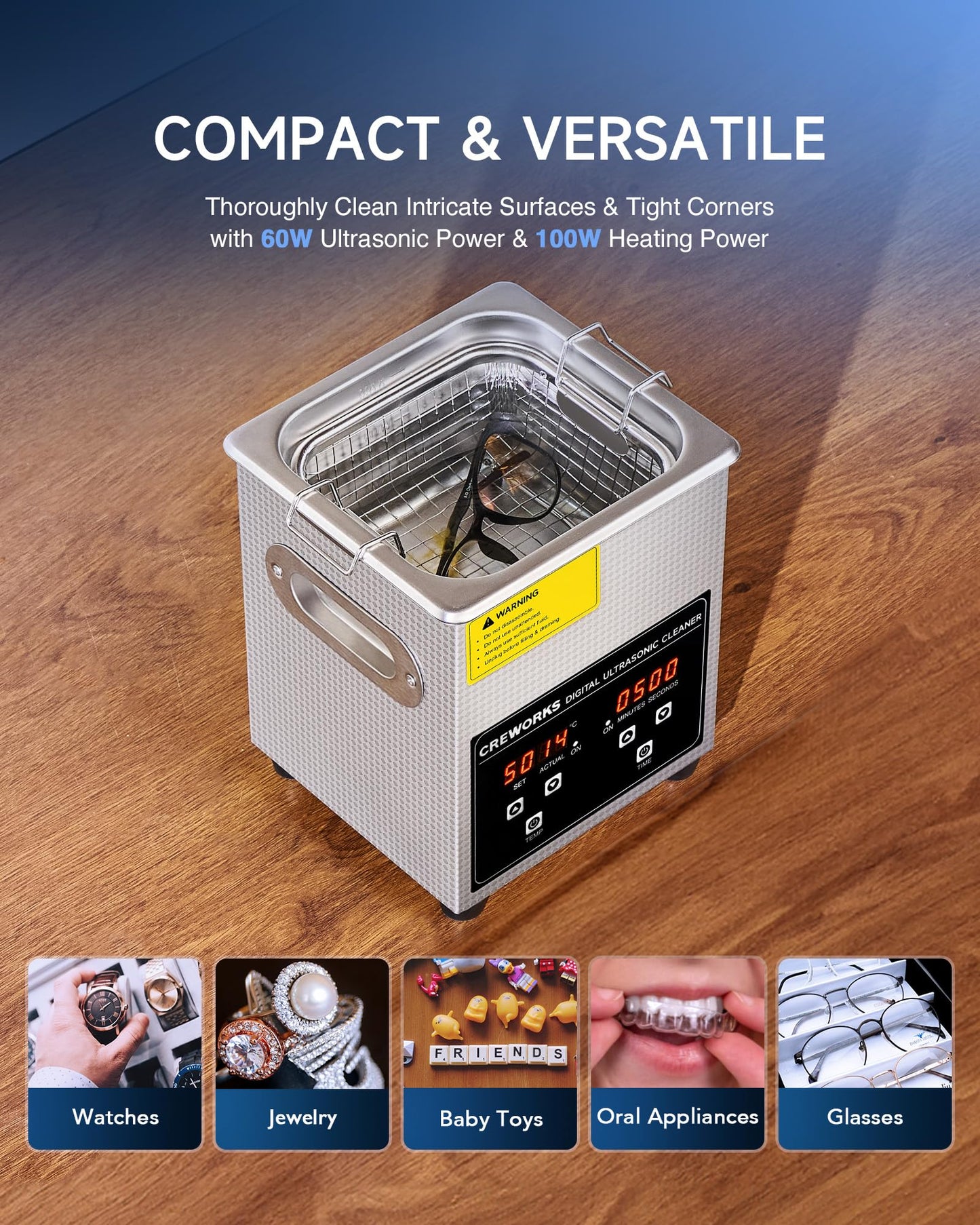 CREWORKS Professional Jewelry Cleaning Machine, 2L Jewelry Cleaning Ultrasonic Machine with Heater & Timer, Digital Sonic Cleaning Machine for Cleaning Denture Dental Irrigator Parts Retainer Glasses