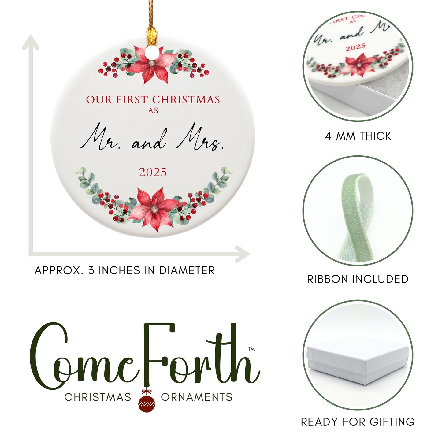 First Christmas Married Ornament 2025 Wedding Gifts for Couples, Wedding Bridal Shower Gifts for Bride, Just Married 1st Xmas Newlywed - Our First Christmas as Mr and Mrs Ornament