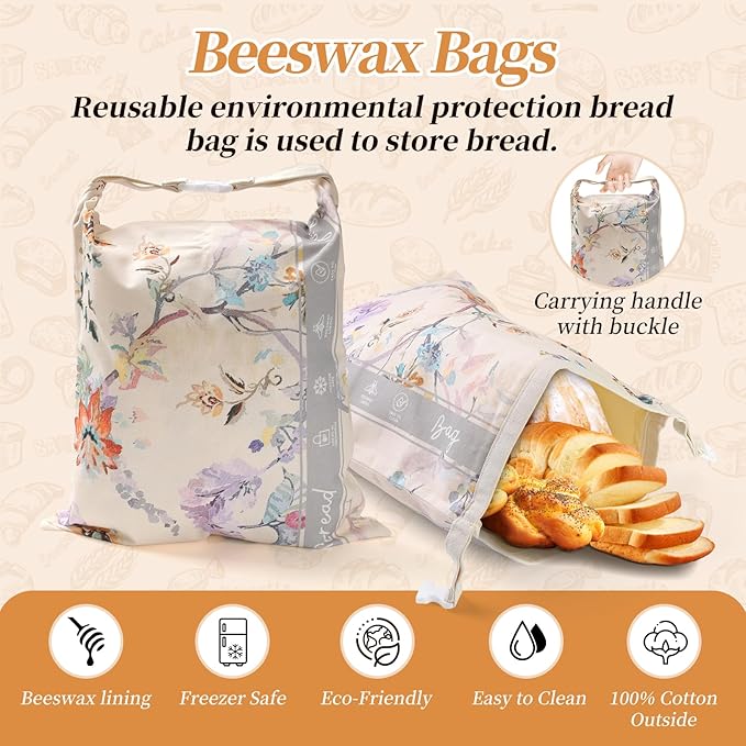 Reusable Bread Bags for Homemade Bread and Beeswax Bowl Cover Set -Organic Cotton Beeswax bread bags and Dough Proofing Cover-Beeswax Wraps for Food-Bread Baker Set-Gift for Bakers