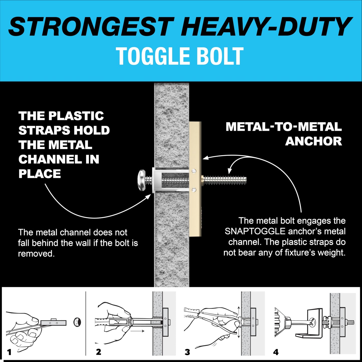 TOGGLER SNAPTOGGLE Heavy-Duty Drywall Toggle Bolt – 3/16"-24 UNC Zinc-Plated Anchor for Hollow Walls, Plaster & Tile – Holds 238 lbs in 1/2" Drywall, Easy Install – 50 Pack (W/O Bolts)