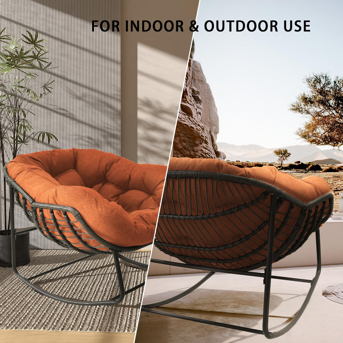 Outdoor Papasan Rocking Chair - Oversized Rattan Egg Chair with Thick Cushion, 330 lbs Capacity, Waterproof Wicker Lounge Chair for Patio, Porch, Living Room, Bedroom, Balcony & Garden (Orange)