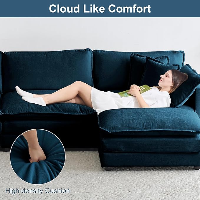 KIVENJAJA Chenille L-Shaped Modular Sectional Sofa, Modern Loveseat Comfy Deep Seat Cloud Couch with Ottoman/Chaise & 4 Pillows for Living Room Office Apartment, 76.7" W, Blue