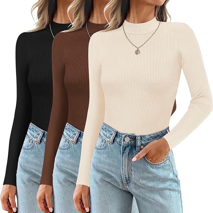 Ekouaer 3 Pack Mock Turtlenecks Tops for Women Long Sleeve Ribbed Shirts Thermal Slim Fit Lightweight Undershirts S-XXL