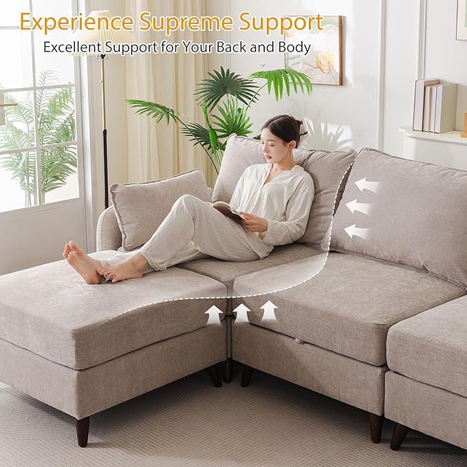 Rexulqo 135'' Modular Sectional Sofa with All Seats Storage, Oversized U Shaped Couch for Living Room,4-Seater Comfy Cloud Couch with Movable Ottoman,Big Sectional for Bedroom,Velet,Khaki