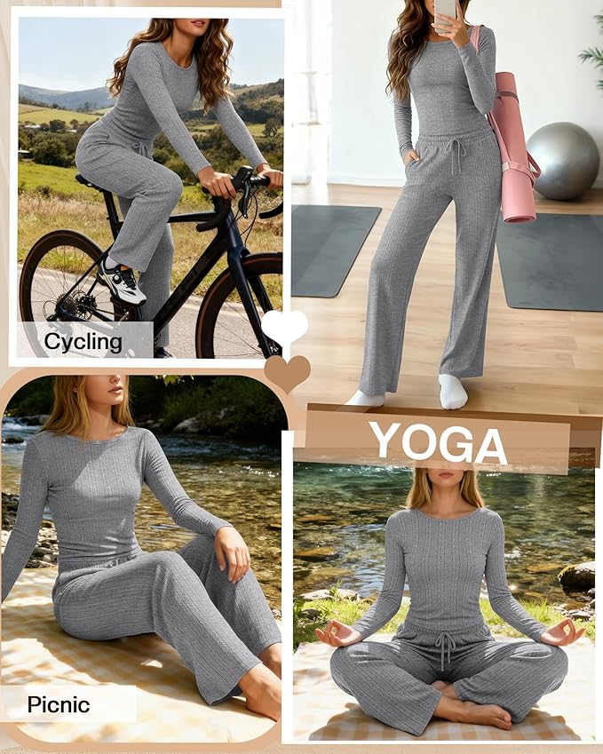 Evervibe Women's 2 Piece Lounge Set Long Sleeve Crew Neck Top Drawstring Wide Leg Pants Casual Tracksuit Matching Set