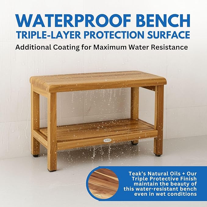 EcoDecors Eleganto 30 Inch Natural Color Waterproof Teak Wood Shower Bench Stool Seat Chair For Inside Shower Provides Safety, Storage, and Organization For Bathroom Accessories