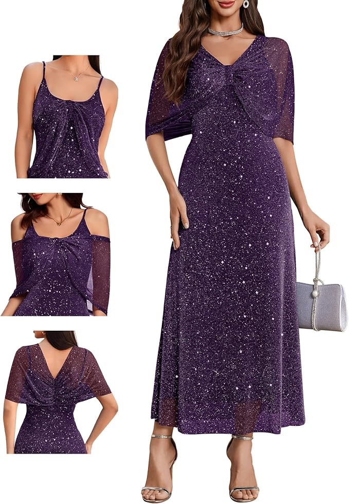 BeryLove Sequin Formal Cocktail Long Dress Evening Wedding Guest Mother of The Bride Dresses with Shawl