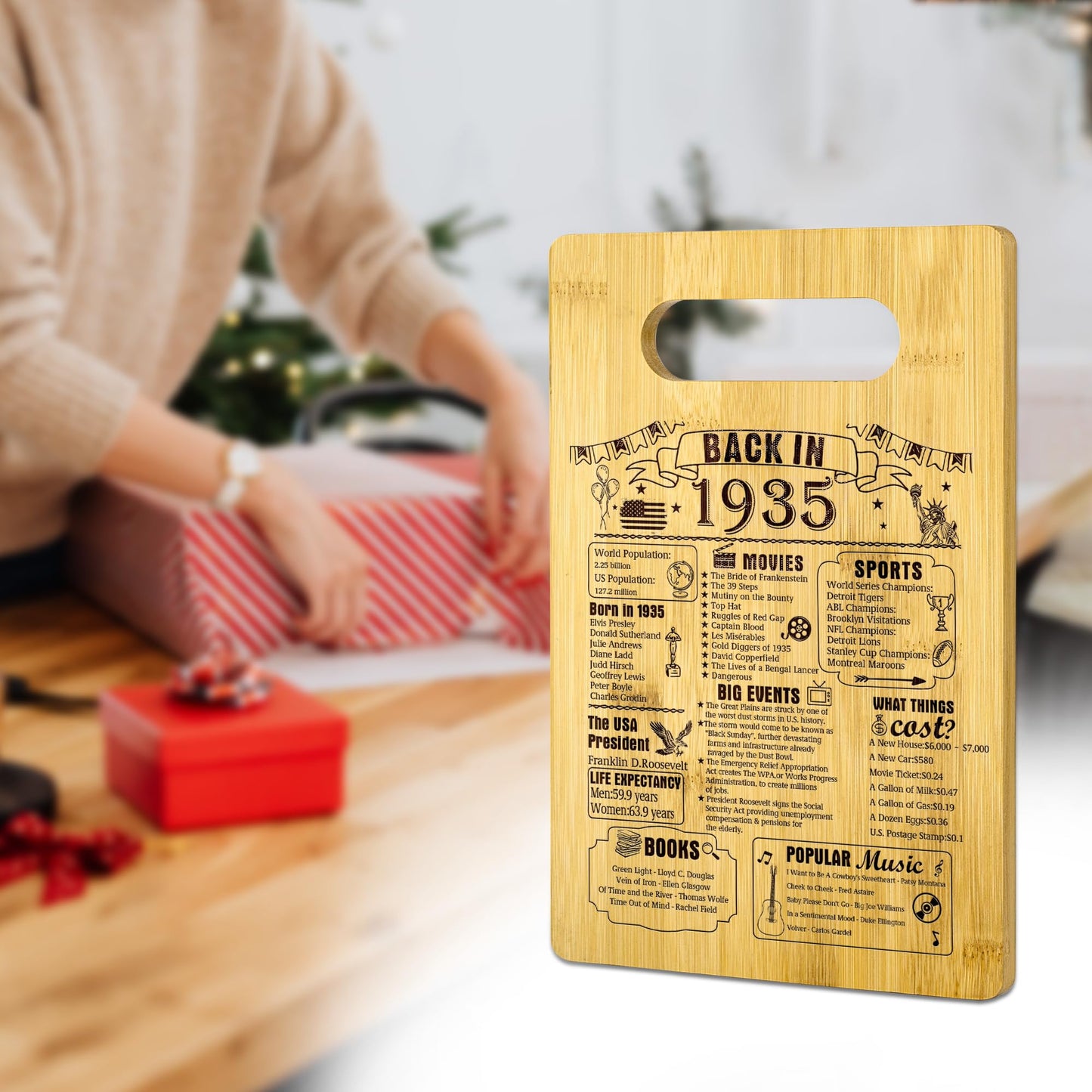 90th Birthday Gifts For Women or Men, Back In 1935 Cutting Board 90th Birthday Decorations, 90 Year Old Anniversary Birthday Gifts