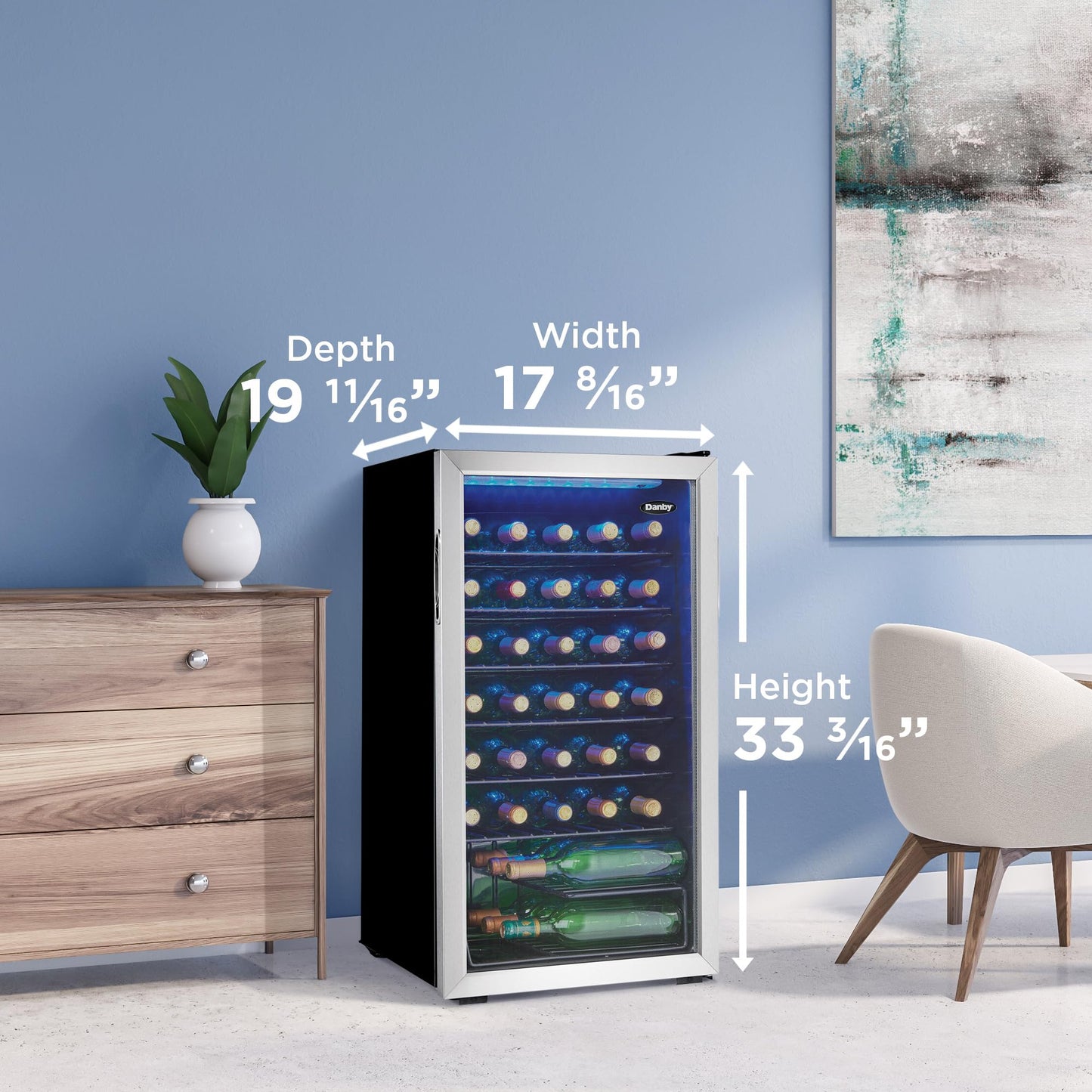 Danby DWC036A1BSSDB-6 3.3 Cu. Ft. Free Standing Wine Cooler, Holds 36 Bottles, Single Zone Fridge With Glass Door - Chiller for Kitchen, Home Bar, Black/Grey