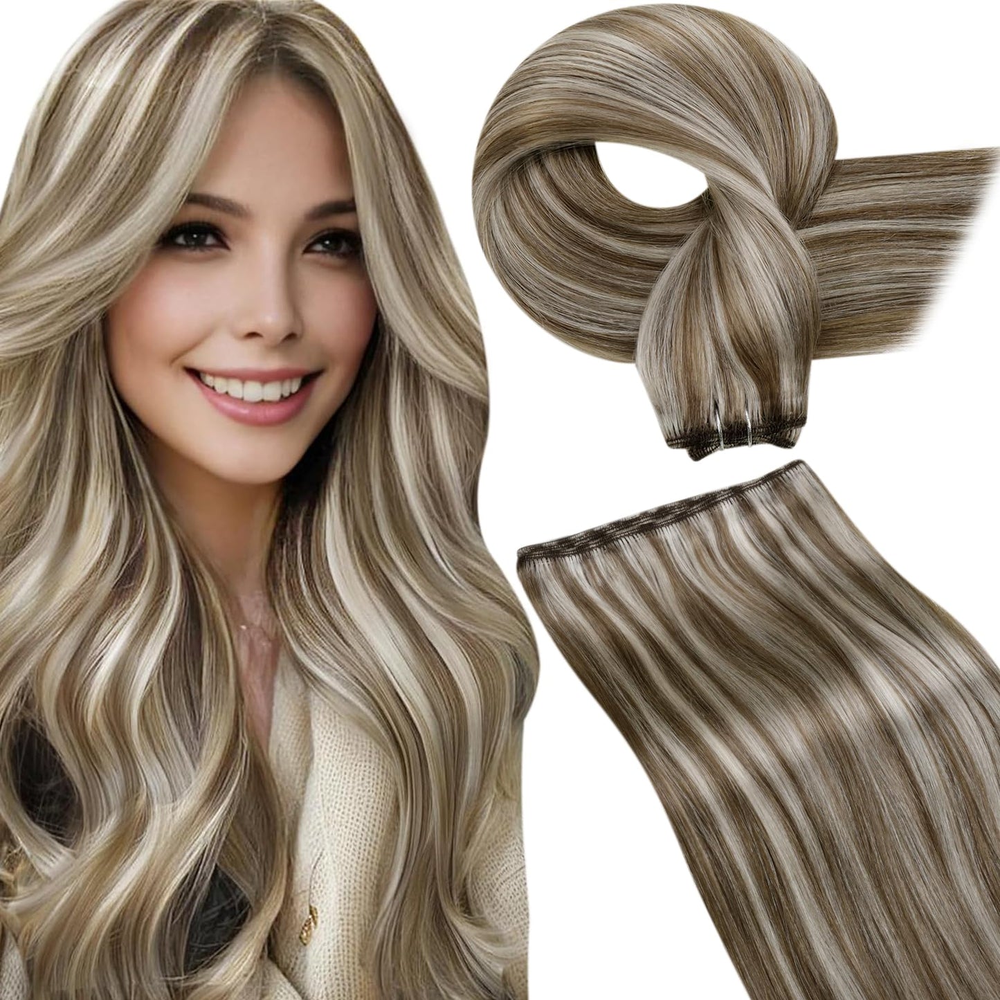 LaaVoo Weft Hair Extensions Human Hair Long Sew in Extensions for Women Soft Hair Wefts Human Hair Sew in Brown Highlight Platin