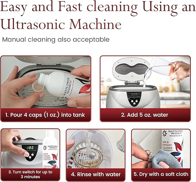 Mayflower Jewelry Cleaner for Ultrasonic Machine Made in USA Non Toxic Tarnish Remover Solution Concentrate 2-pack for Cleaning Gems Diamond Rings Silver Gold and Platinum. Cleans Eyeglasses (16 oz)