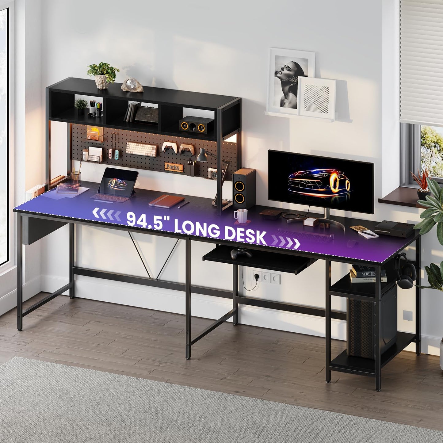 DUMOS 67" L Shaped Gaming Desk, Corner Desk for Compact Spaces with Keyboard Tray & Storage Shelf,Reversible Computer Desk with LED Lighting,Metal Frame PC Gaming Table for Home Office Bedroom, Black