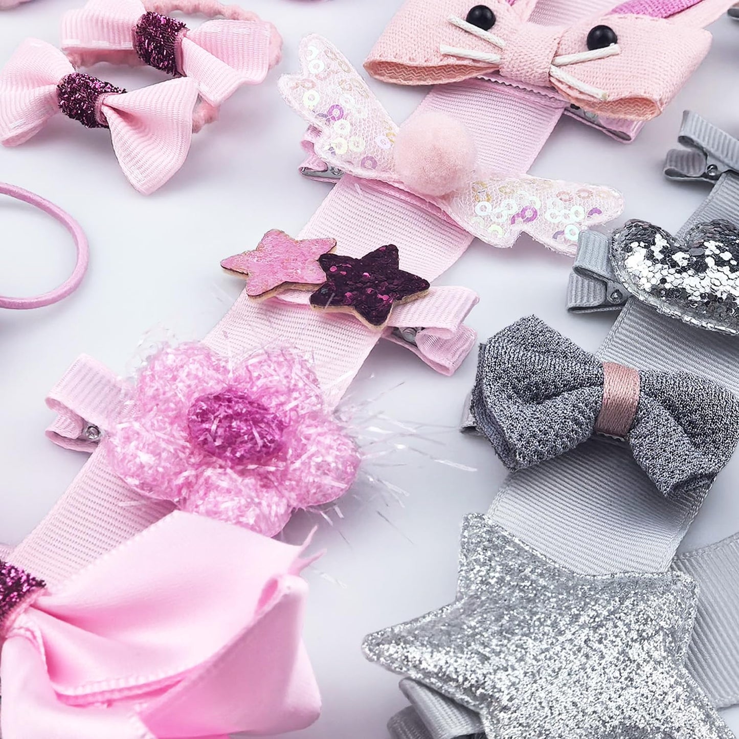 Baby Girl's Hair Clips Cute Hair Bows Baby Elastic Hair Ties Hair Accessories Ponytail Holder Hairpins Set for ittle Girls Teens Toddlers,48 pieces Pack (Grey & Light Pink)