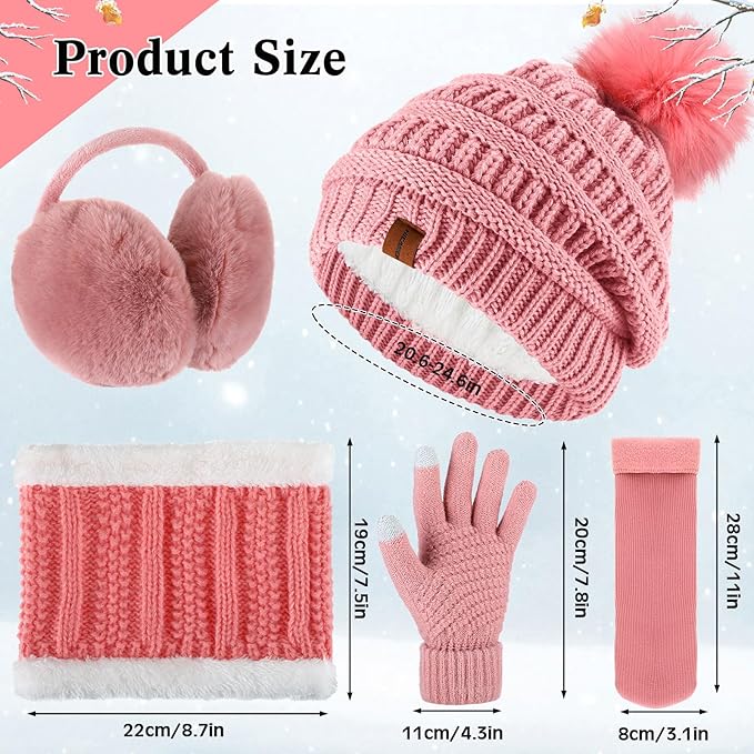 5 Pieces Women Winter Warm Set Knit Beanie Hat Scarf Touchscreen Gloves Earmuffs Stockings 5 in 1 Ski Outing Set for Gift