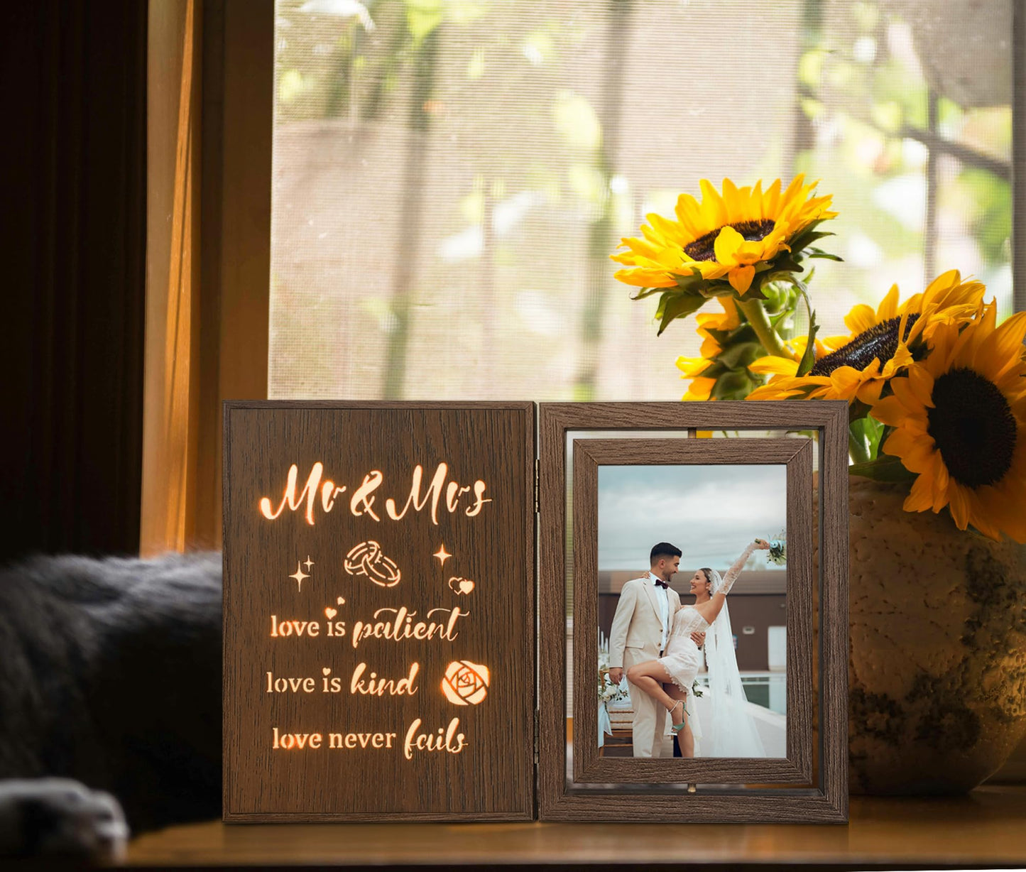 EYITUPC Light Up Wedding Picture Frame for Couples – Wooden Rotating Glowing 4x6 Double Photo Frame with MR & MRS Quote, Rustic Wedding Gifts for Newlyweds & Bridal Shower Gifts