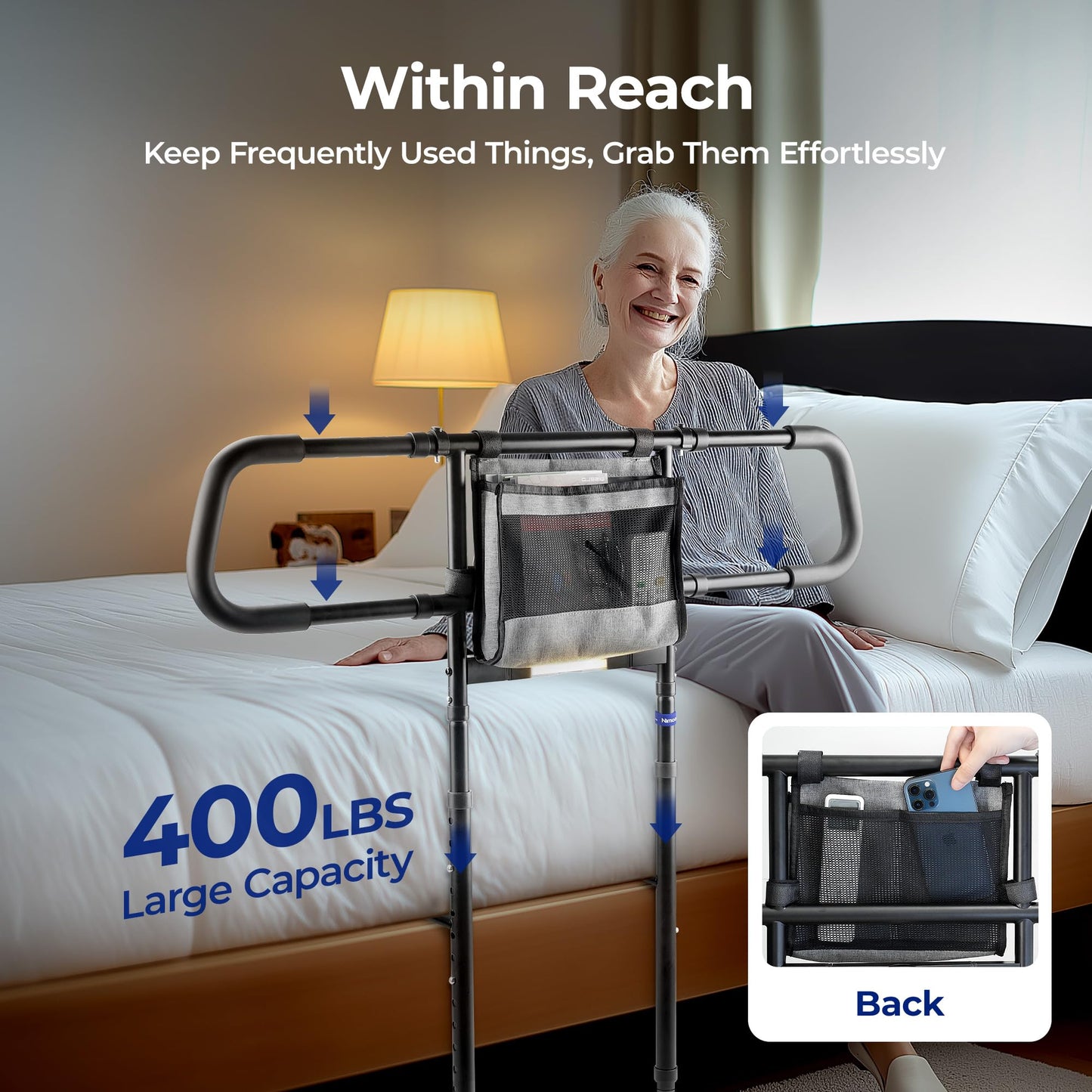 NIMOOD C4 PRO Bed Rails for Elderly Adults Safety with Extension Legs, Adjustable Heights Bed Cane with Widened Handrail, Stable Bed Assist Rails with LED Motion Light, Avoid Seniors Bedside Fall