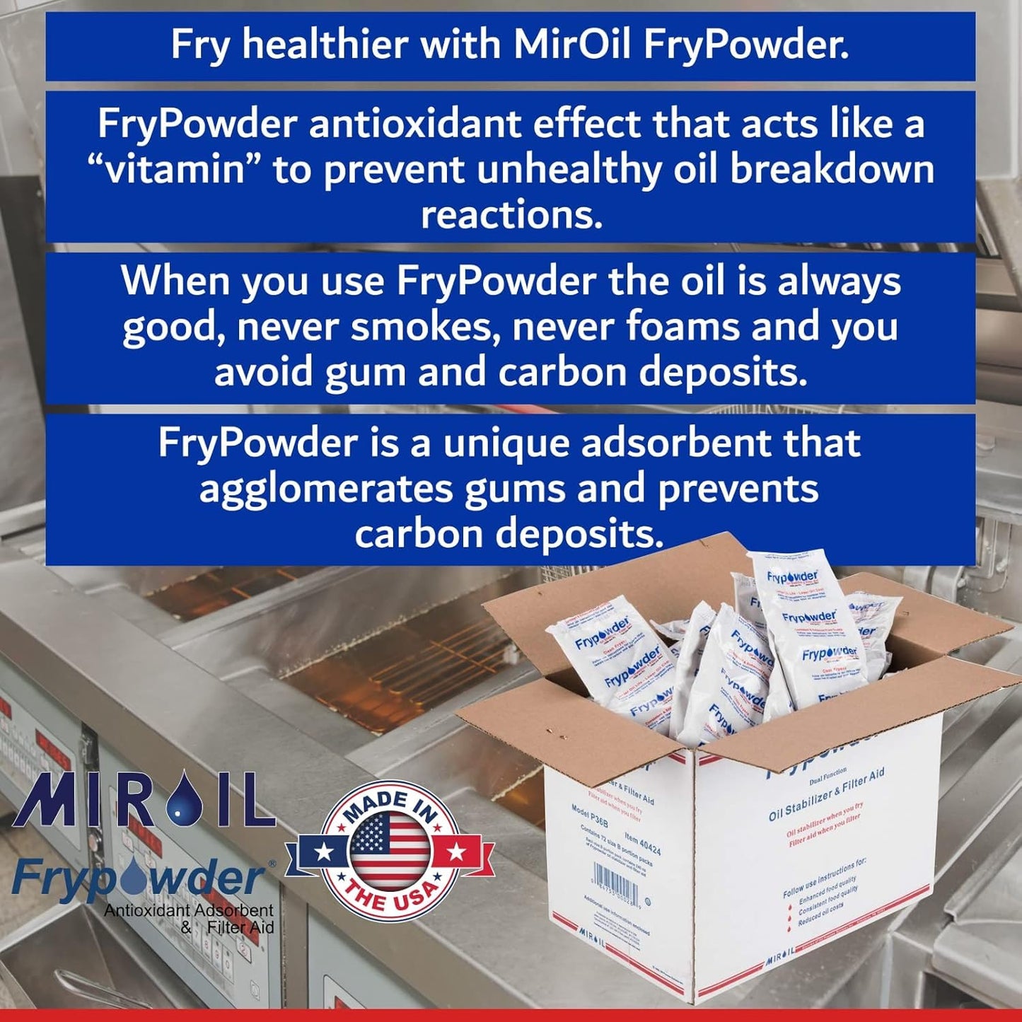 MirOil L112 Fry Powder Oil Stabilizer and Filter Aid, 4 x 4 Gallons of L104 (16 Gallons) Fry Powder, Deep Fryer Oil Saver, Extends Cooking Grease Life & Remove Carbon Deposit, Fryer Grease Contaminant
