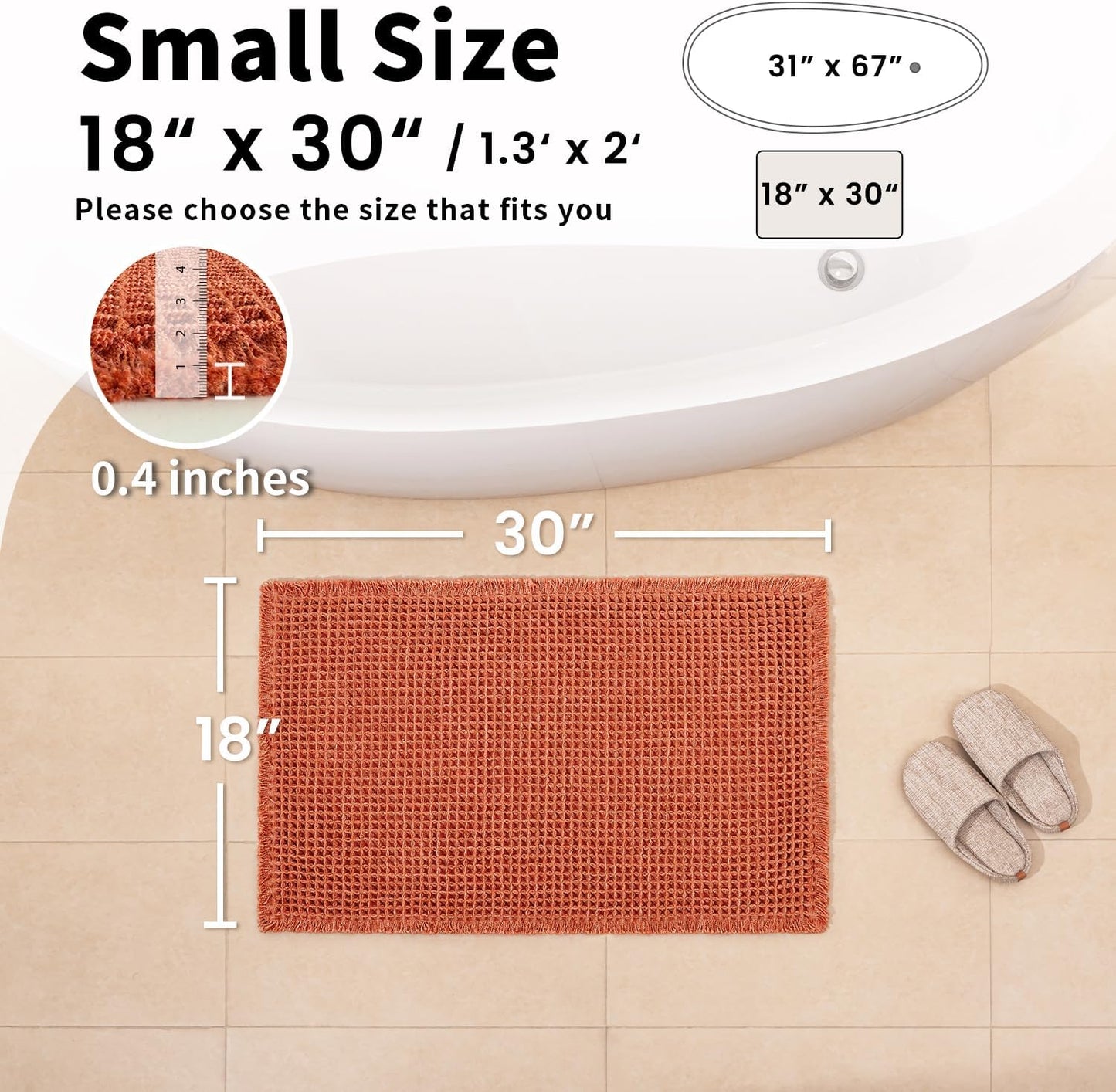 Waffle Bath Mat - Boho Bathroom Rugs Non Slip Washable, Super Absorbent & Quick Dry, Small Bath Mats Farmhouse Bathroom Decor, 18'' x 30'', Dirty Orange