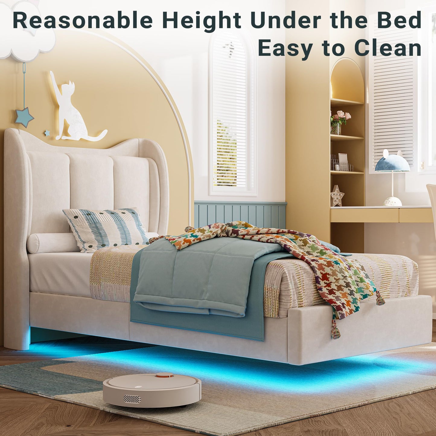 LIKIMIO Twin Bed Frame with LED Lights, Upholstered Floating Twin Platform Bed Frames with Cartoon Cat Ears Shaped Headboard, No Box Spring Needed, Cream Beds