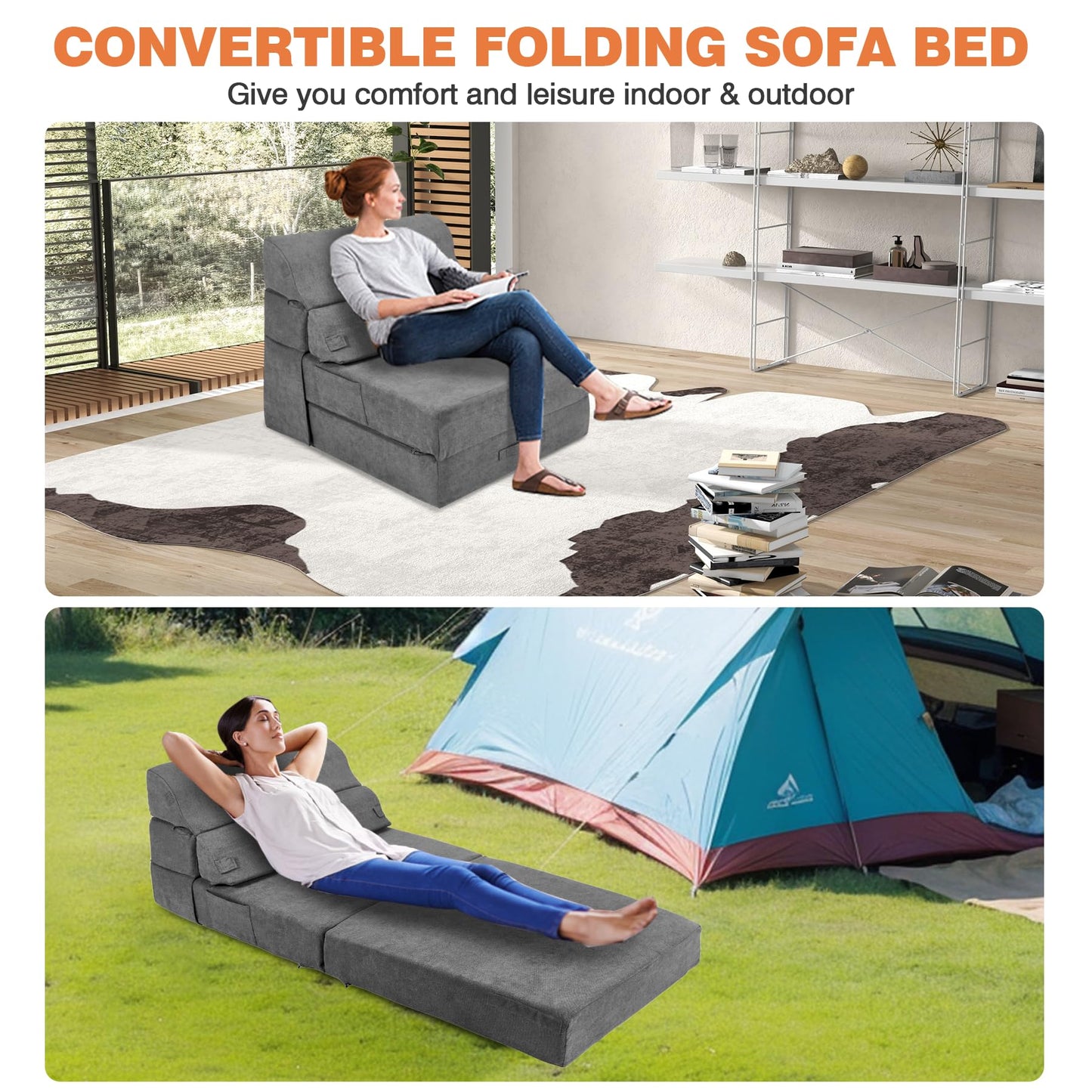LitaiL Comfy Folding Sofa Bed - Grey Convertible Sleeper Sofa Fold Out Sleeper Chair Couch for Living Room Bedroom Guest, Foldable Floor Chair Lounger Mattress with Back Support for Travel, Camping
