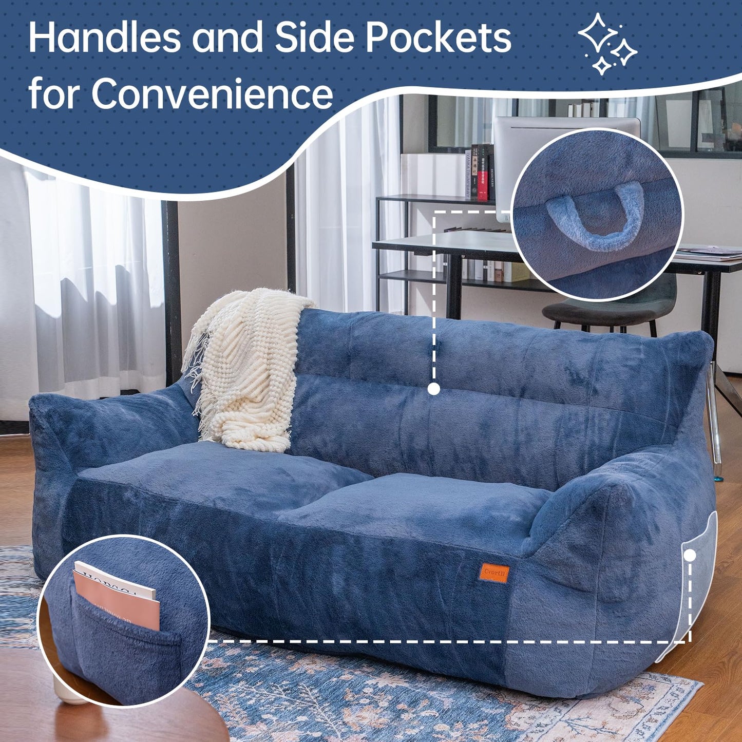 Cvortll Big Bean Bag Chairs for Adults Oversized Beanbag Chair Lazy Sofa with Armrest Foam Filled Loveseat Sofa Floor Comfy Couch for Bedroom,Blue