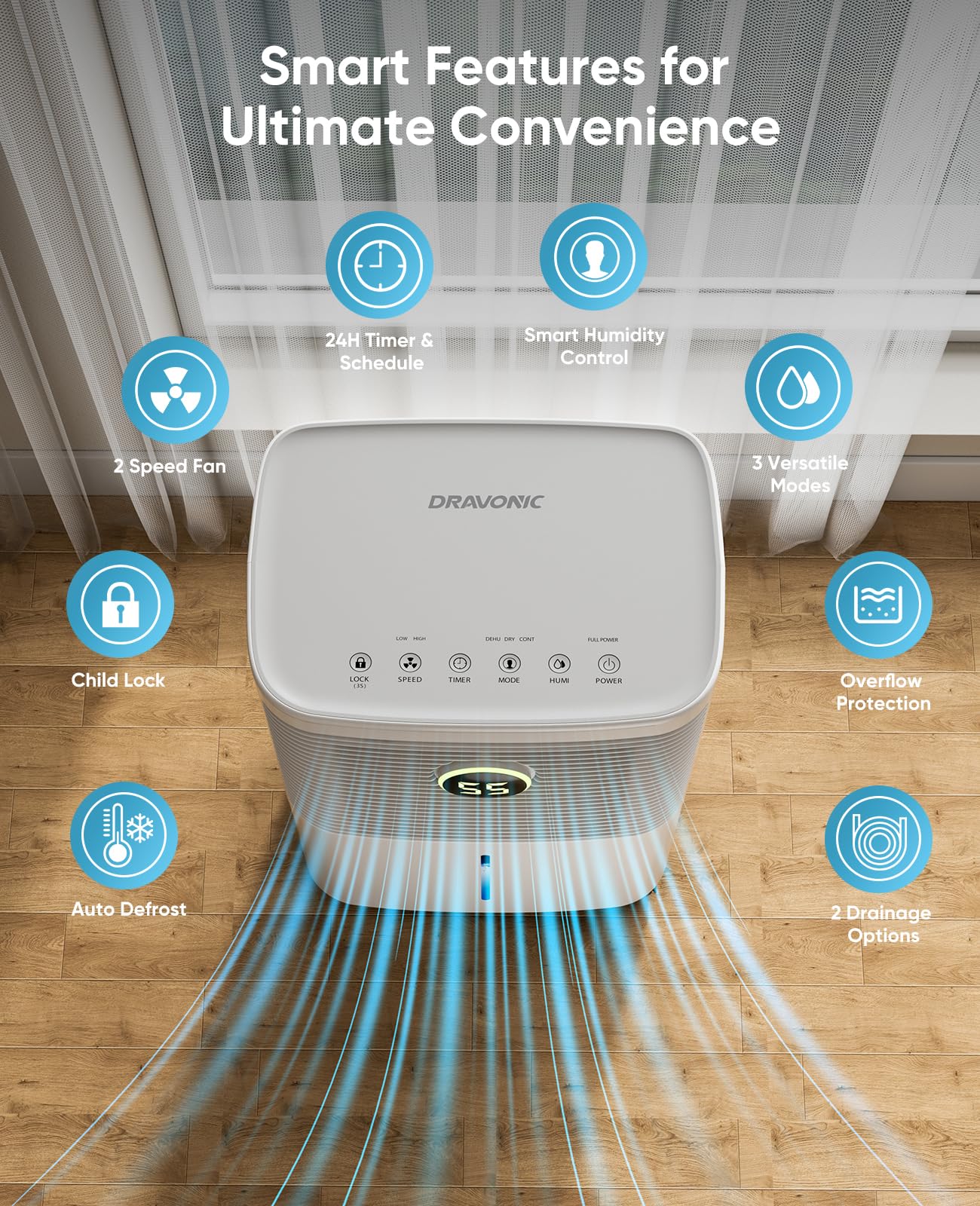 Dravonic 34 Pint Dehumidifiers for Home, Basement, Bedroom, Bathroom, 2500 Sq.ft Dehumidifier with Drain Hose, Smart Humidity Control & Display, 3 Operation Modes, 24H Timer, Child Lock (White)